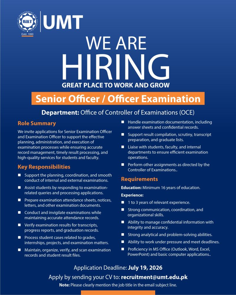 University of Management Technology UMT Jobs Senior Officer / Officer Examination 1