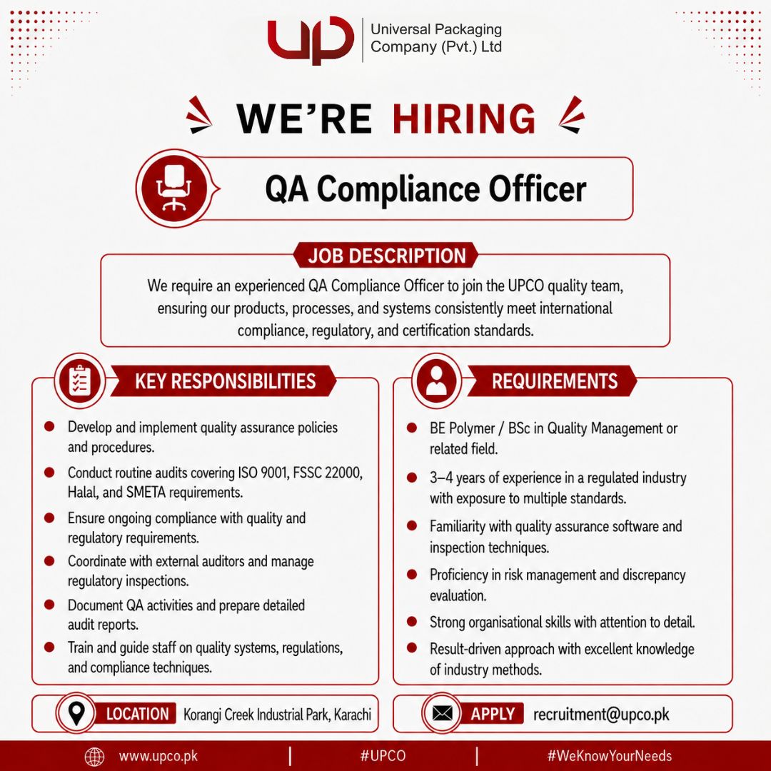 Universal Packaging Company (Pvt) Limited Jobs QA Compliance Officer 1