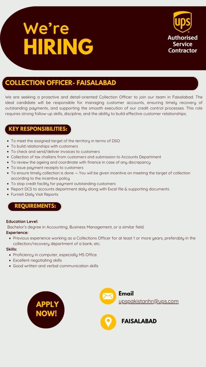 UPS Pakistan Pvt Ltd Jobs Collection Officer 1