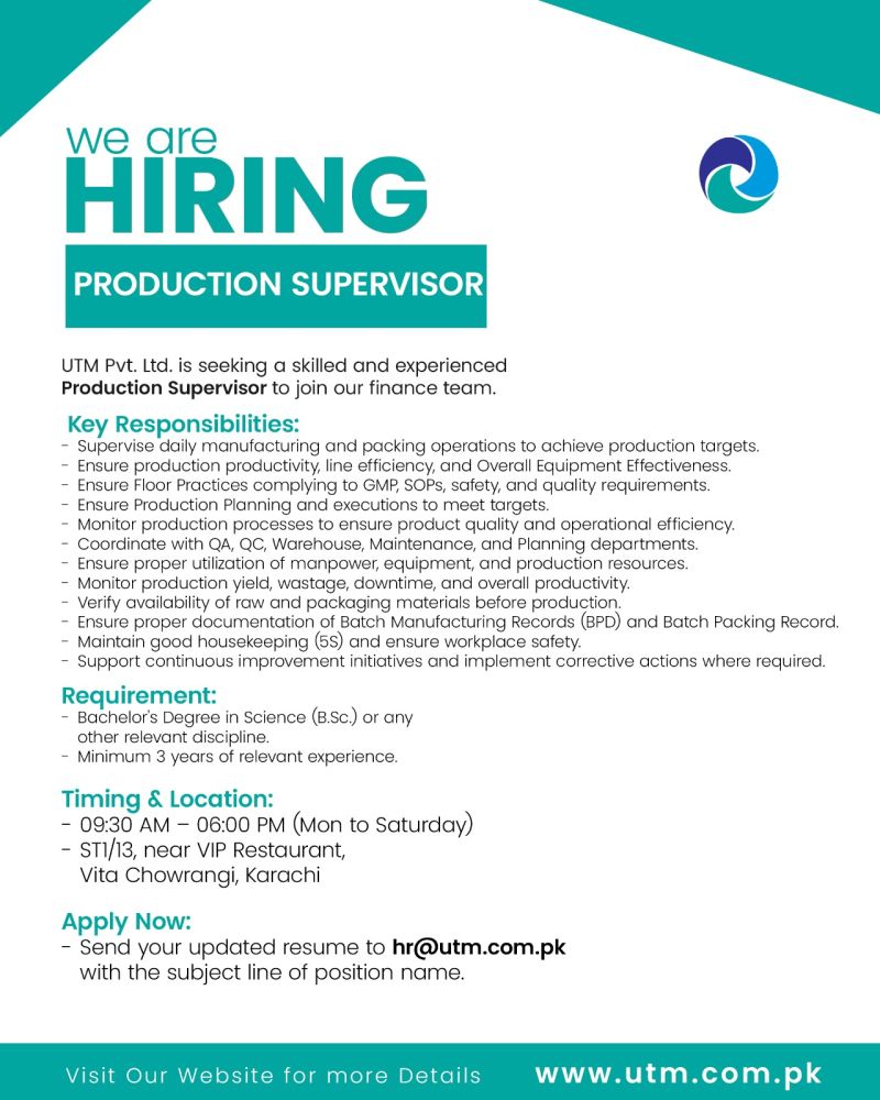 United Trading & Manufacturing Pvt Ltd UTM Pakistan Jobs Production Supervisor 1