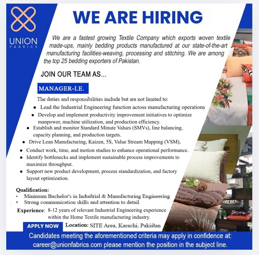 Union Fabrics Pvt Ltd Jobs Manager IE 1