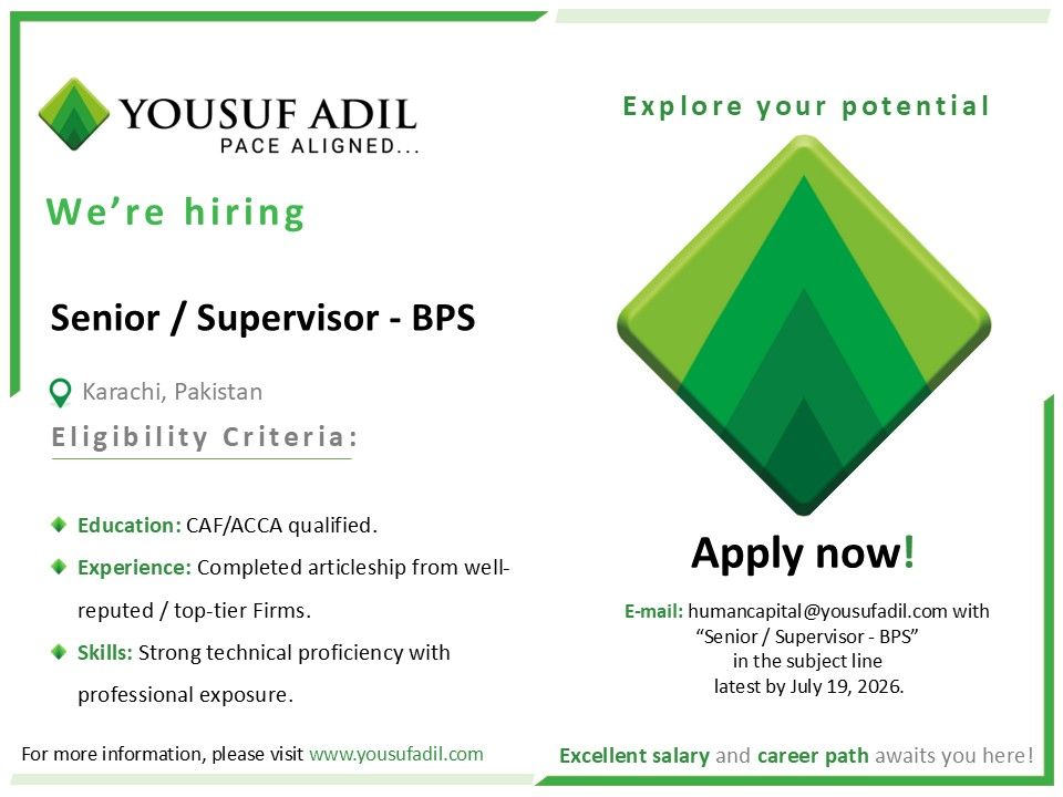 Yousuf Adil Chartered Accountants Jobs Senior/Supervisor BPS 1