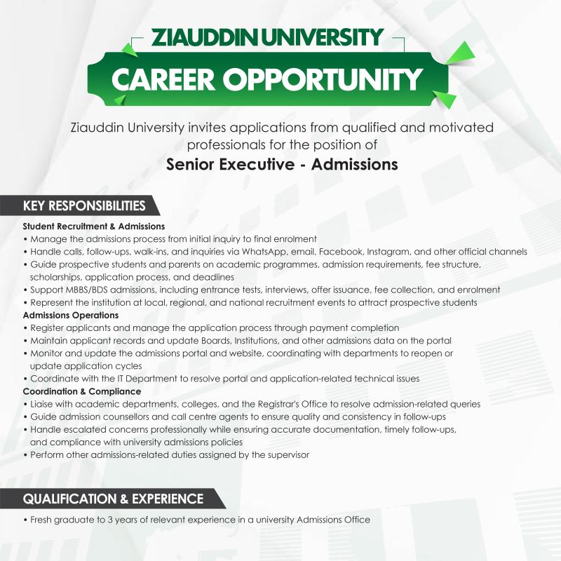 Ziauddin University Jobs Senior Executive Admissions 1