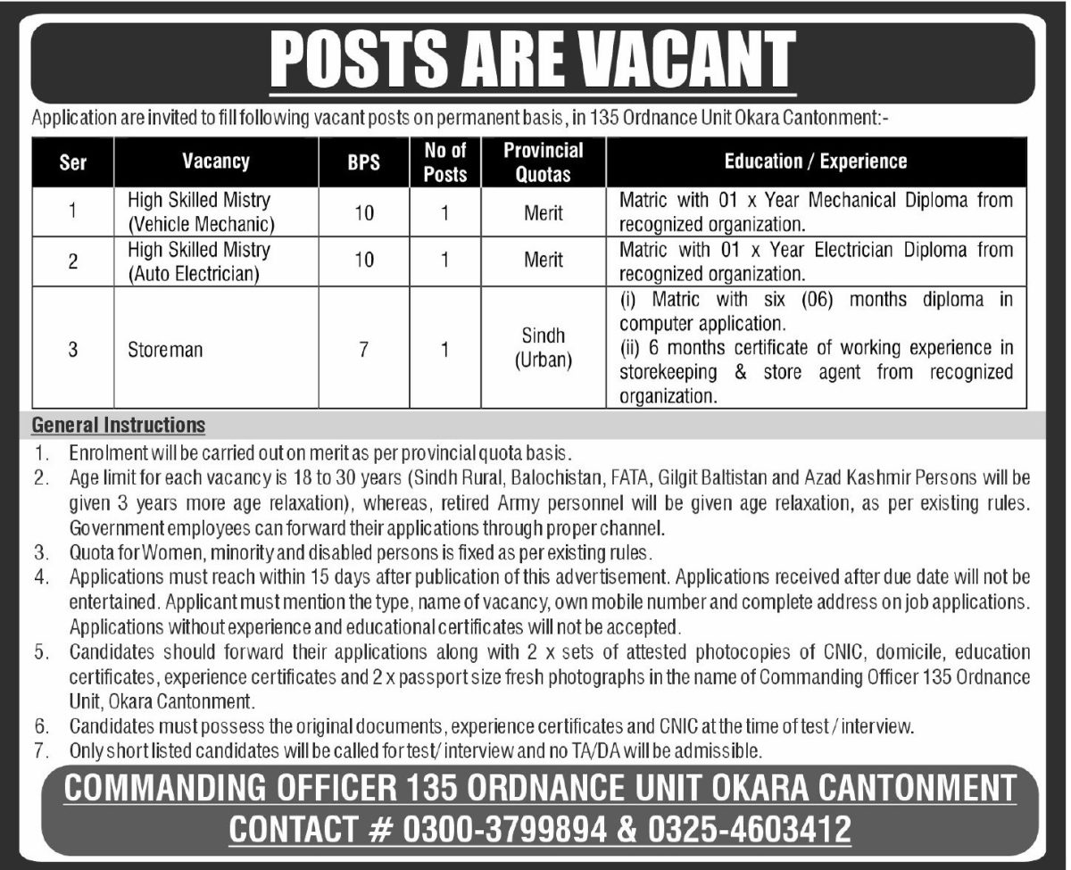 135 Ordinance Unit Okara Cantt Jobs 14 August 2026 Express 1