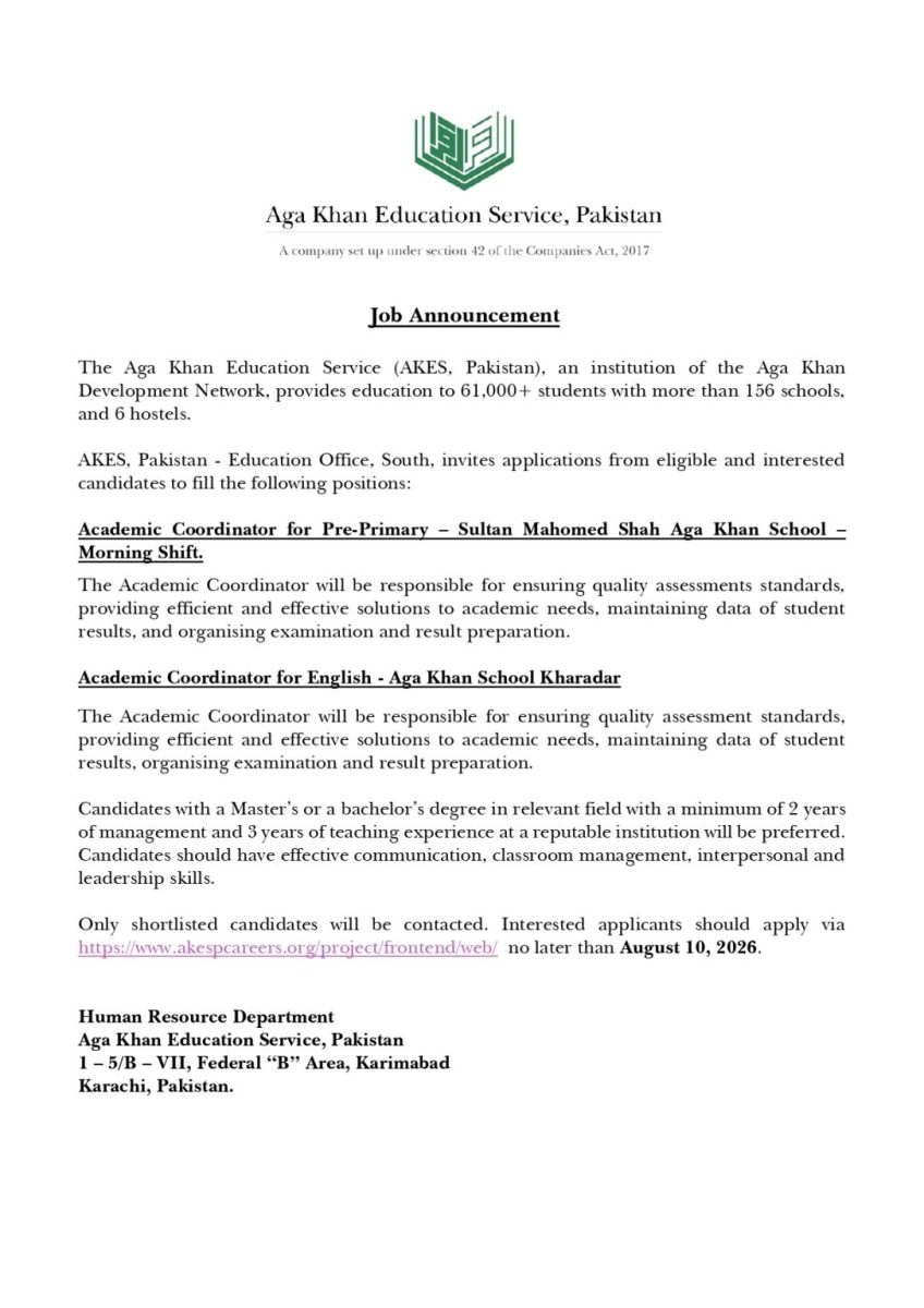 The Aga Khan Education Service (AKES Pakistan) Jobs August 2026 1