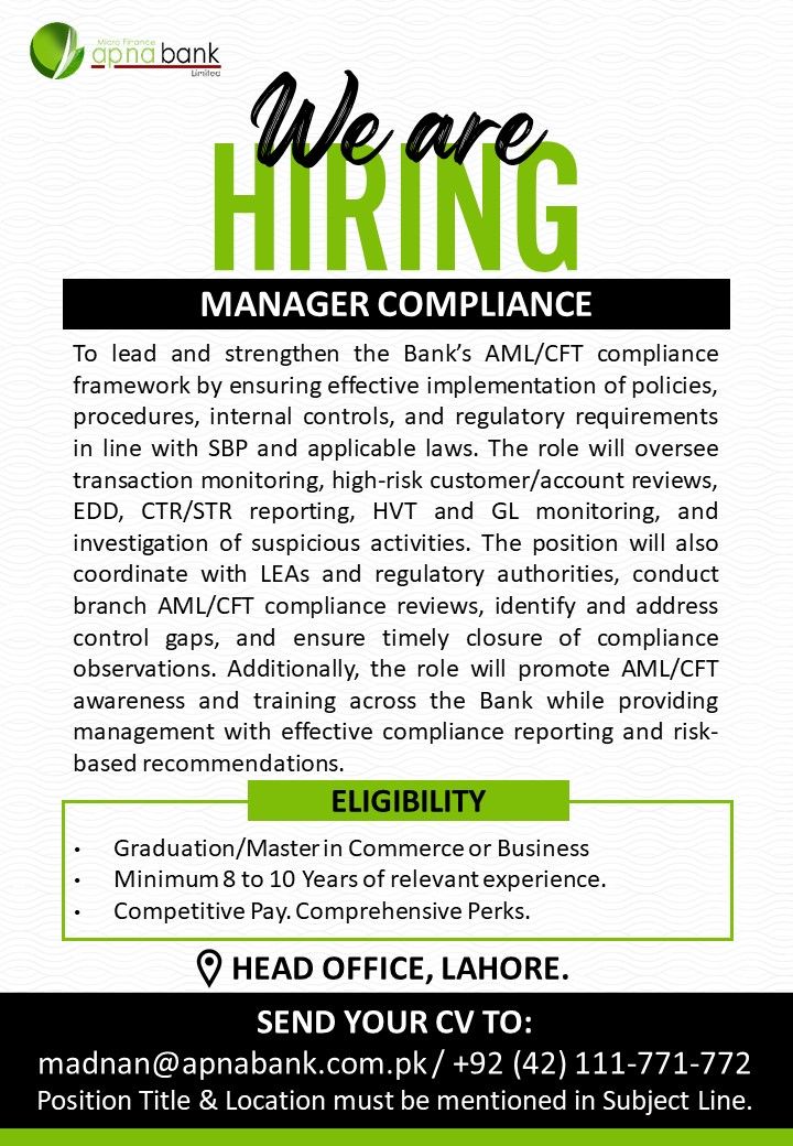 Apna Micro Finance Bank Limited Jobs Manager Compliance 1