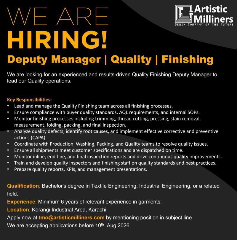 Artistic Milliners Pvt Ltd Jobs Deputy Manager | Quality |Finishing 1