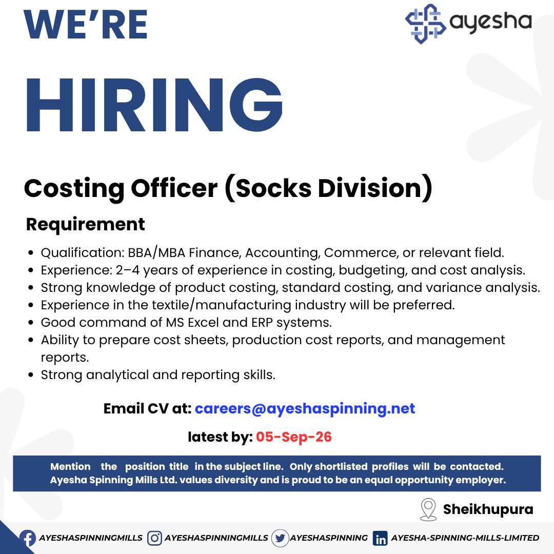 Ayesha Spinning Mills Limited Jobs Costing Officer 1