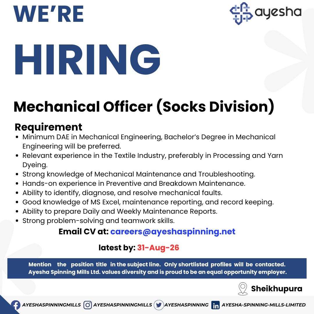 Ayesha Spinning Mills Jobs Mechanical Officer 1