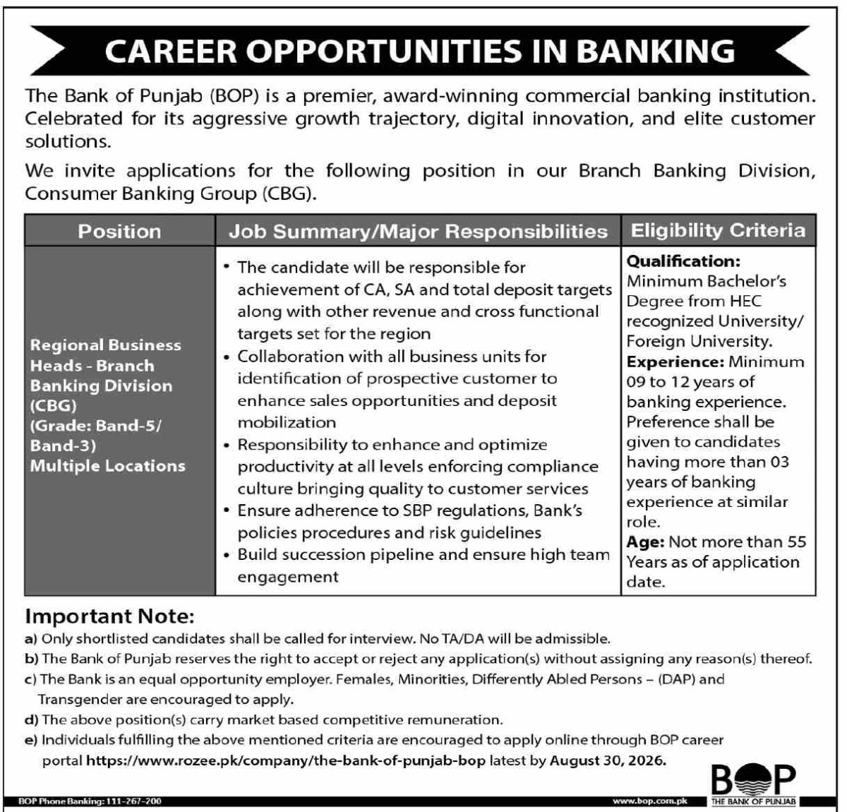 Bank of Punjab BOP Jobs 14 August 2026 Dawn 1