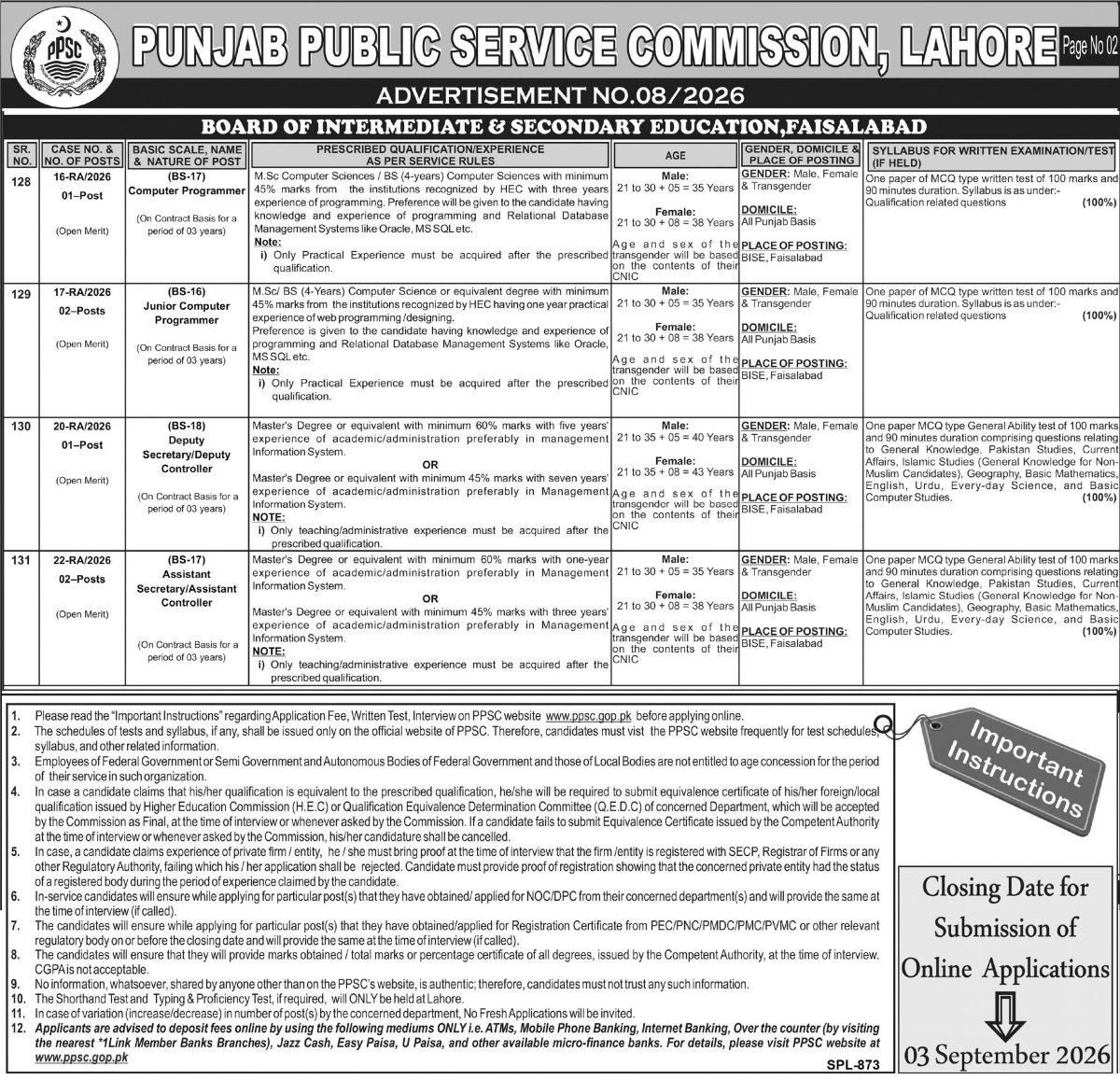Board of Intermediate & Secondary Education Faisalabad Jobs 18 August 2026 Tribune Express 1