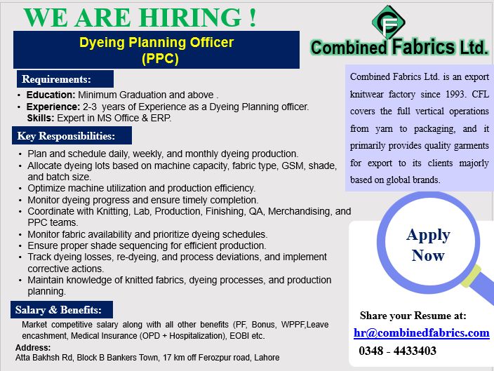 Combined Fabrics Limited Jobs Dyeing Planning Officer 1