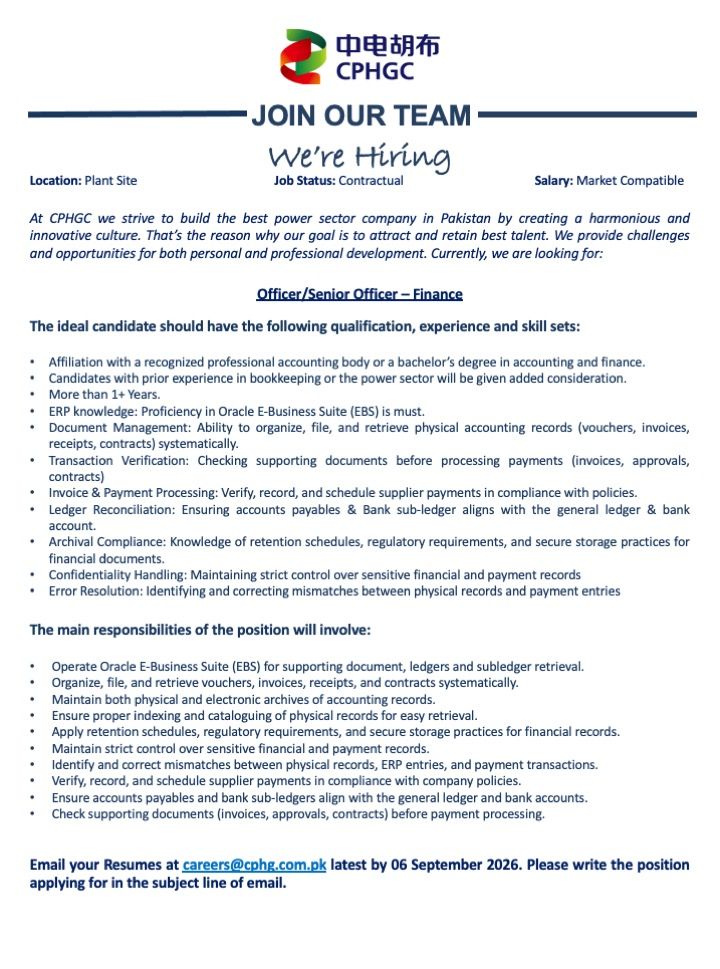 China Power Hub Generation Company CPHGC Jobs Officer / Senior Officer Finance 1