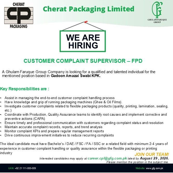 Cherat Packaging Limited Jobs Customer Complaint Supervisor FPD 1