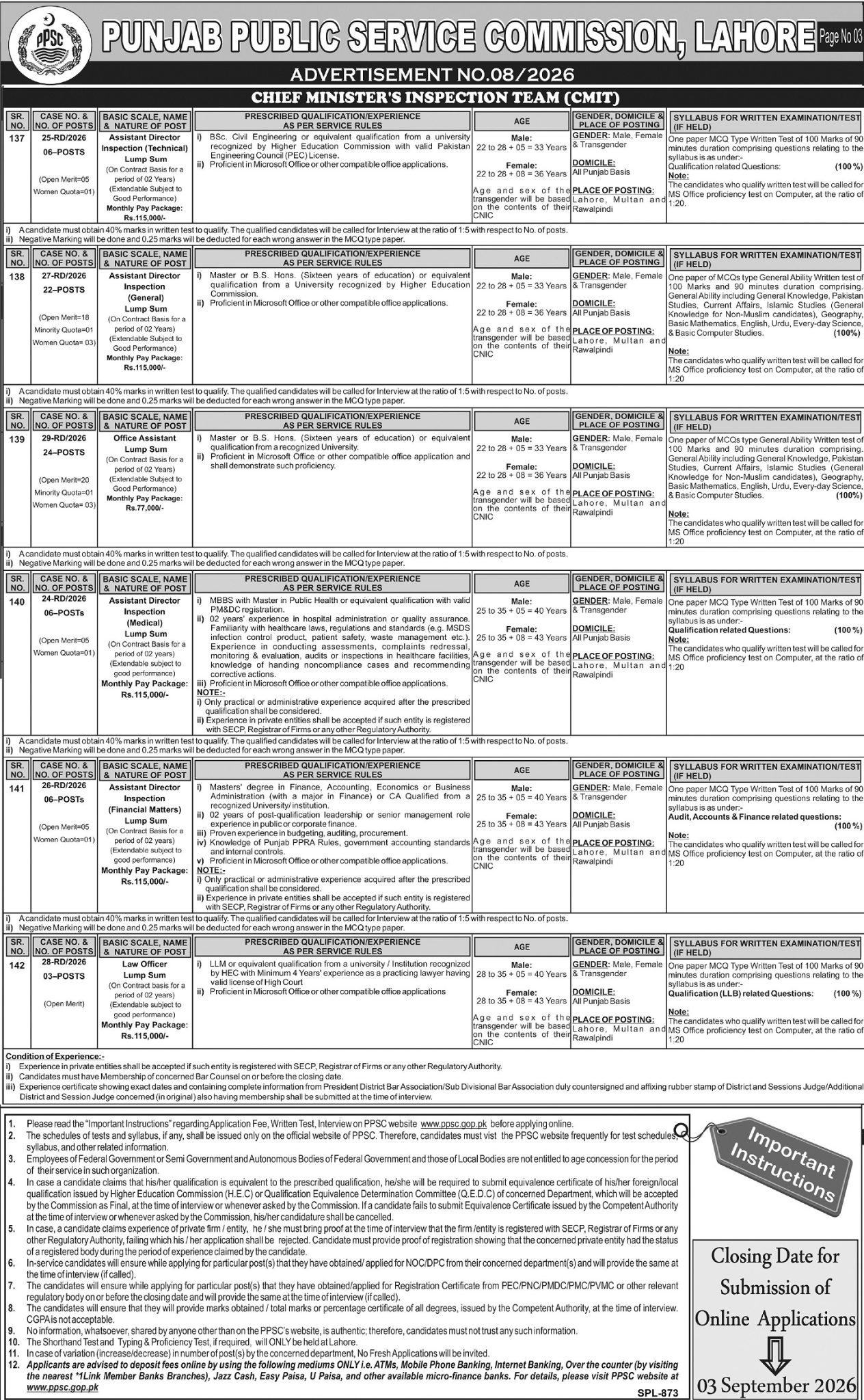 Chief Minister Inspection Team Jobs September 2026