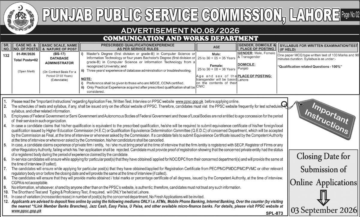 Communication & Works Department Punjab Jobs 18 August 2026 Tribune Express 1