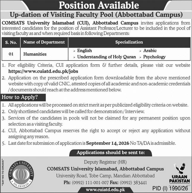 Comsats University Abbottabad Campus Jobs 30 August 2026 Express 1