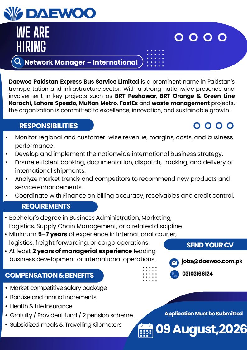 Daewoo Pakistan Express Bus Service Limited Jobs Network Manager International 1