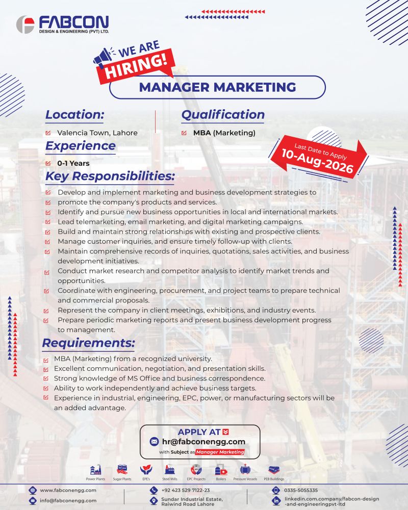 Fabcon Design & Engineering (Private) Limited Jobs Manager Marketing 1
