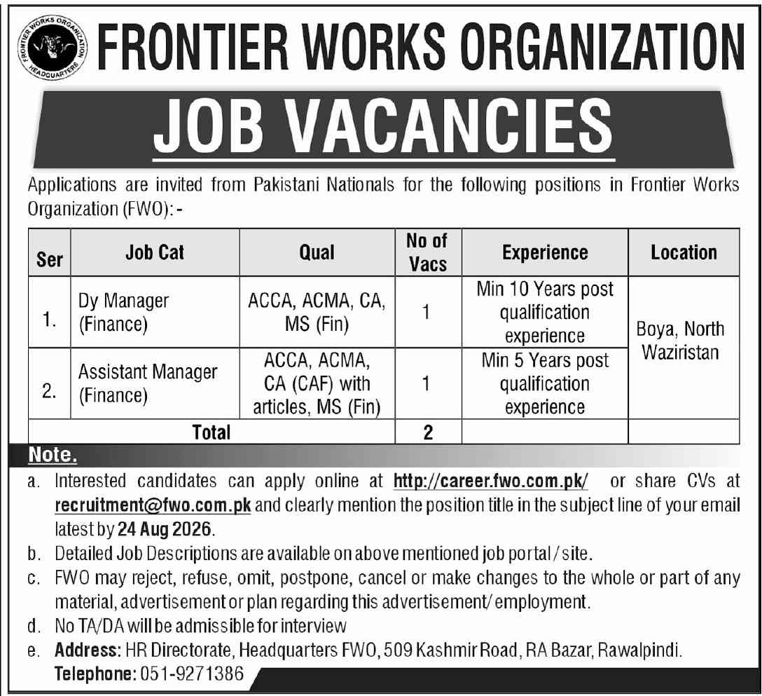Frontier Works Organization FWO Jobs 09 August 2026 1