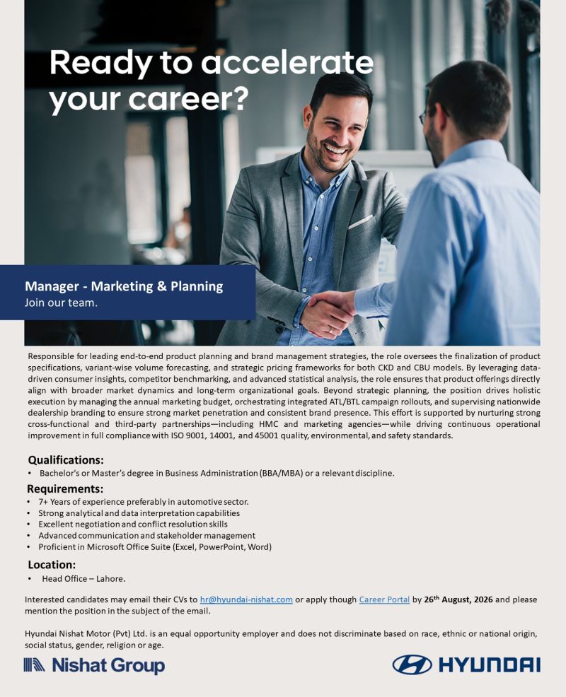 Hyundai Nishat Motor Pvt Ltd Jobs Manager Marketing & Planning 1