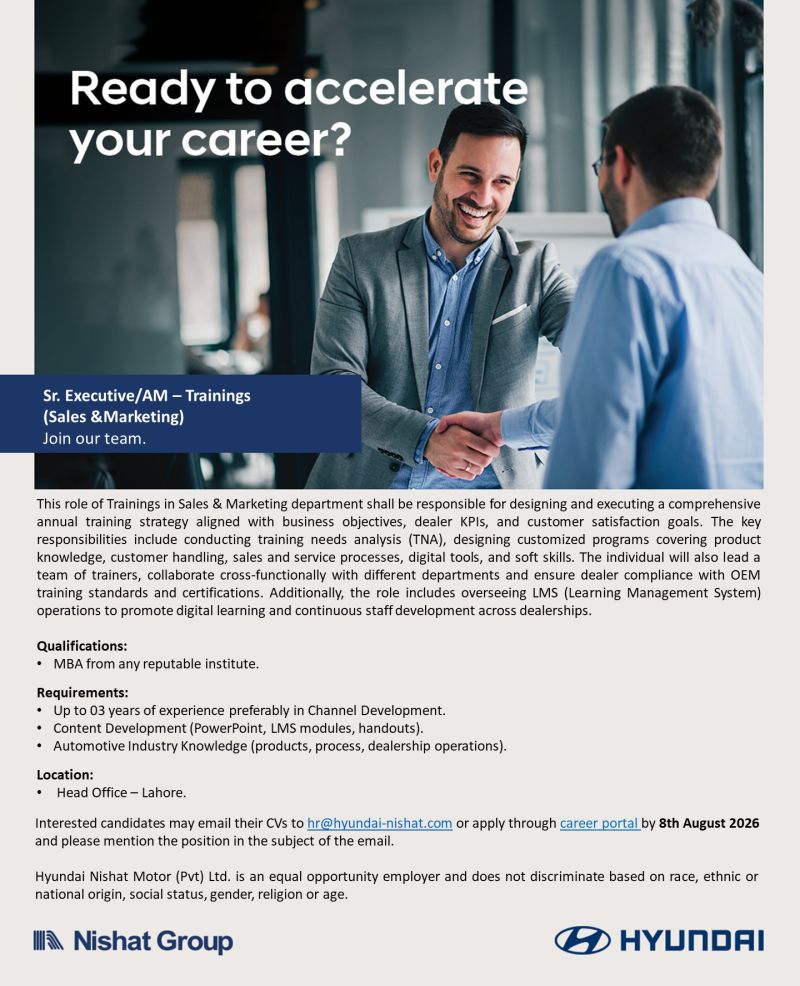 Hyundai Nishat Motor Pvt Ltd Jobs Sr Executive / AM Trainings (Sales & Marketing) 1