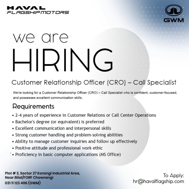 Haval Flagship Motors Jobs Customer Relationship Officer 1