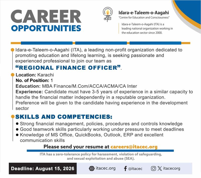 Idara-e-Taleem-o-Aagahi (ITA) Jobs Regional Finance Officer 1