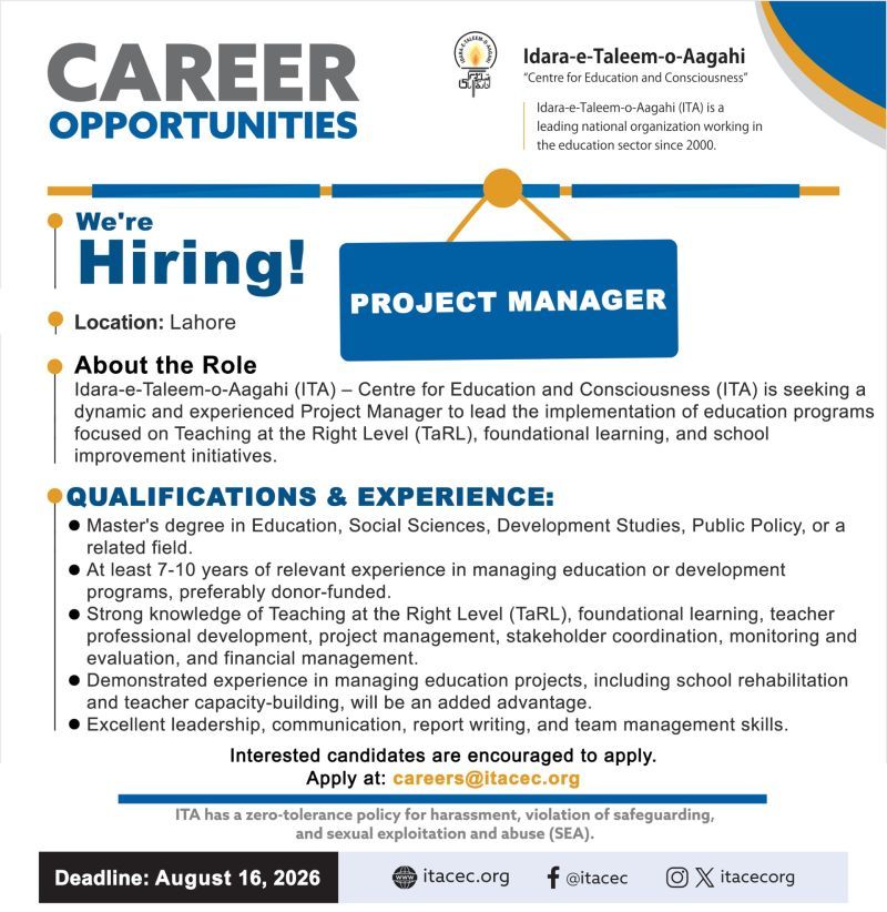 Idara-e-Taleem-o-Aagahi (ITA) Jobs Project Manager 1