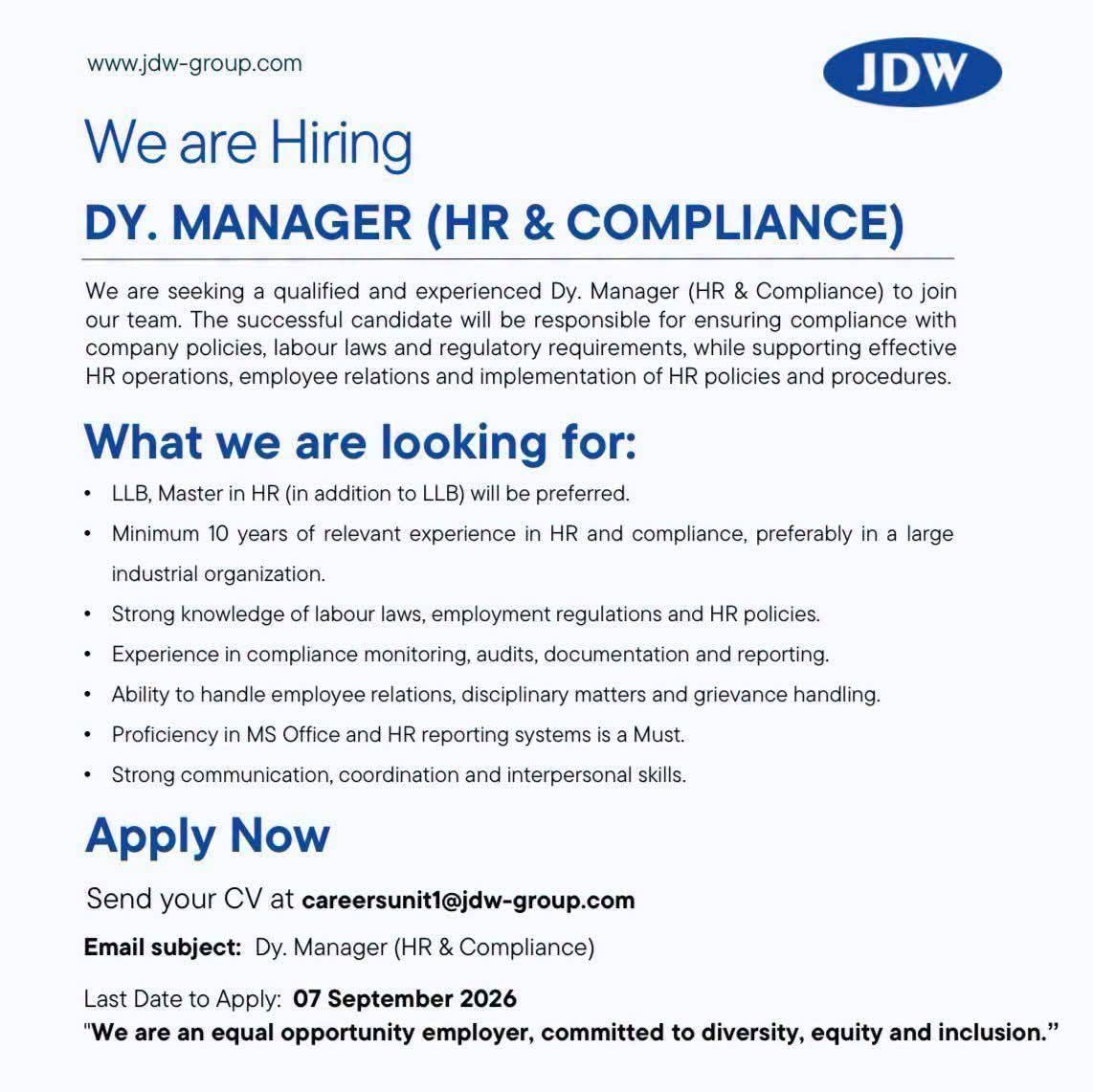 JDW Group Jobs Deputy Manager (HR & Compliance ) 1