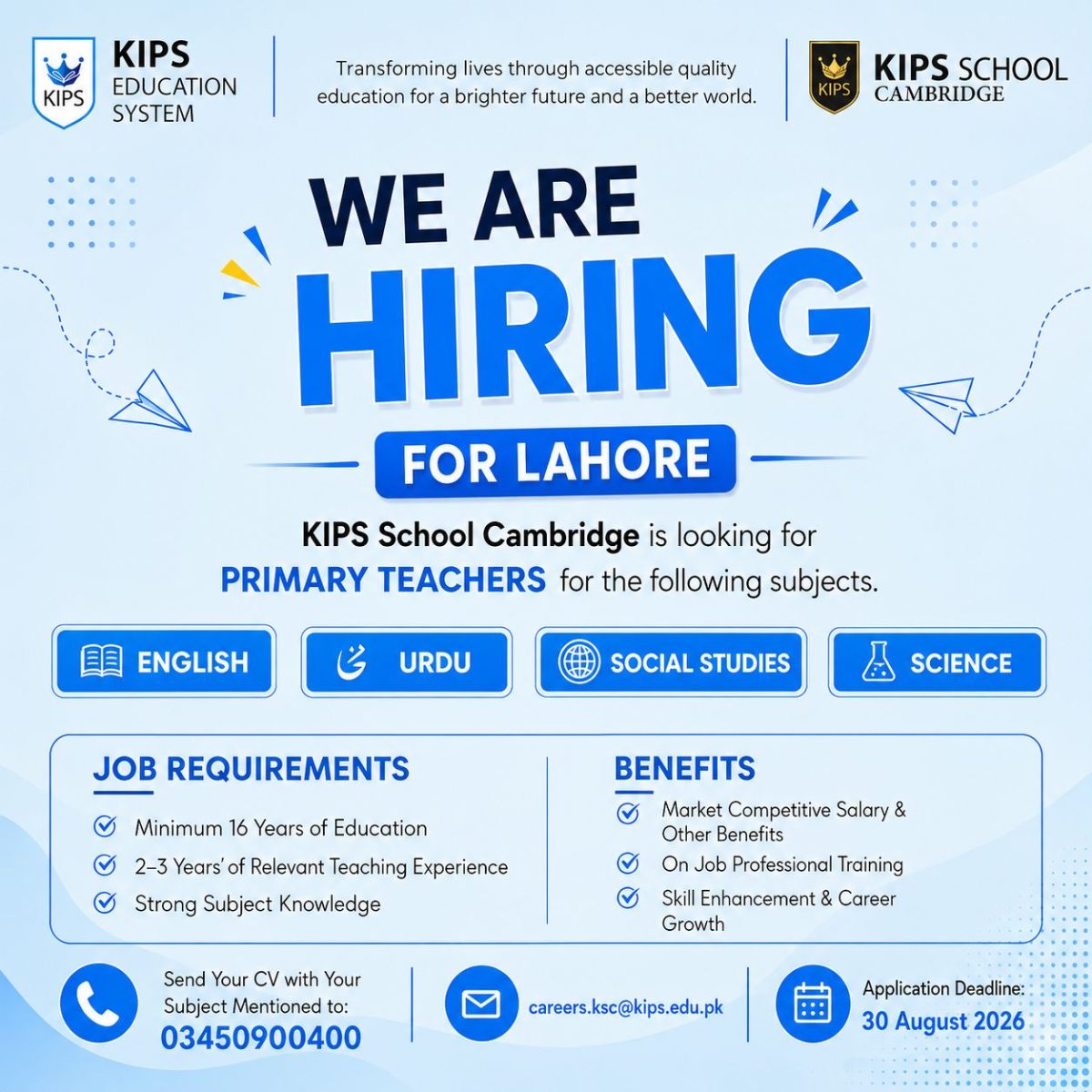 KIPS Education System Jobs 25 August 2026 1