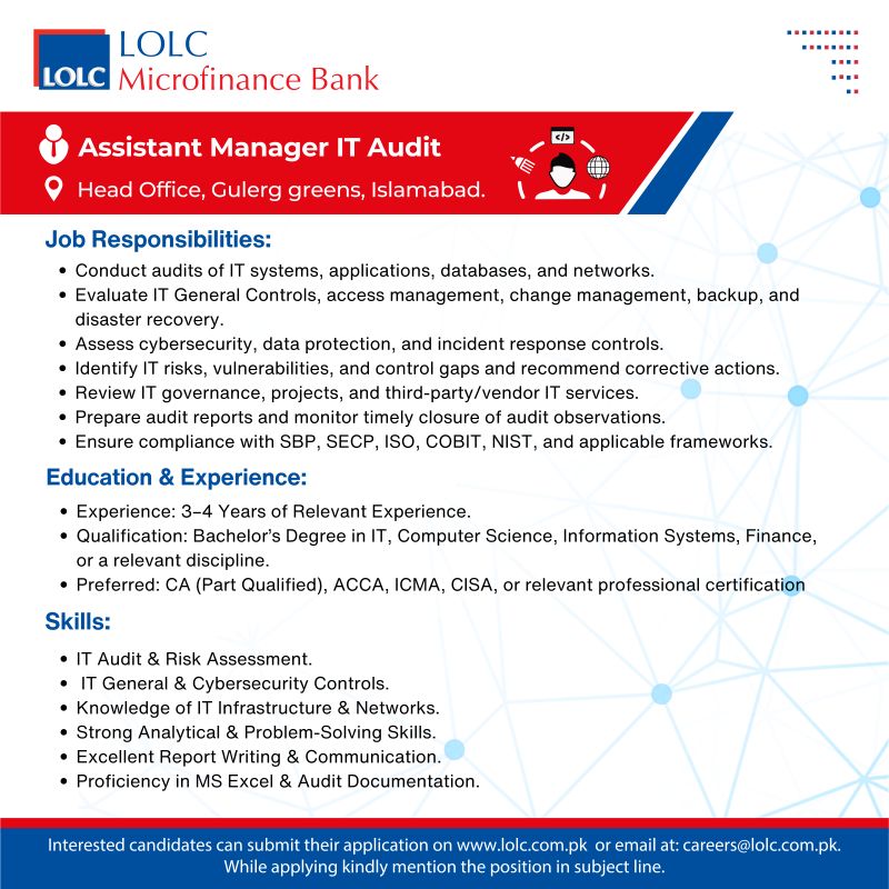 LOLC Microfinance Bank Limited Jobs Assistant Manager IT Audit 2
