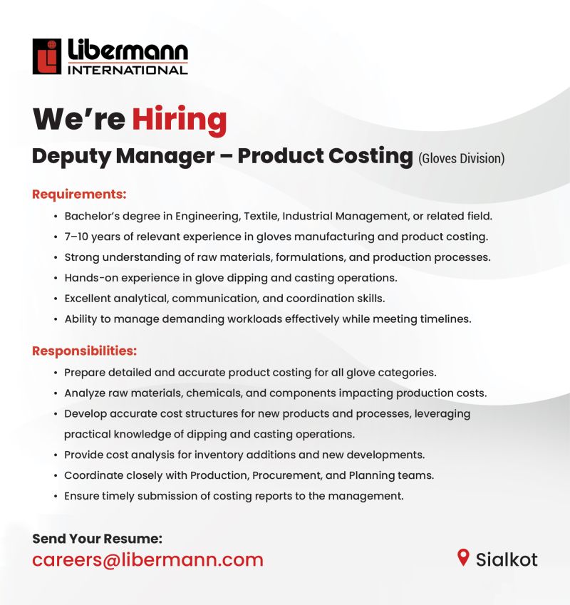 Libermann International Jobs Deputy Manager Product Costing 1
