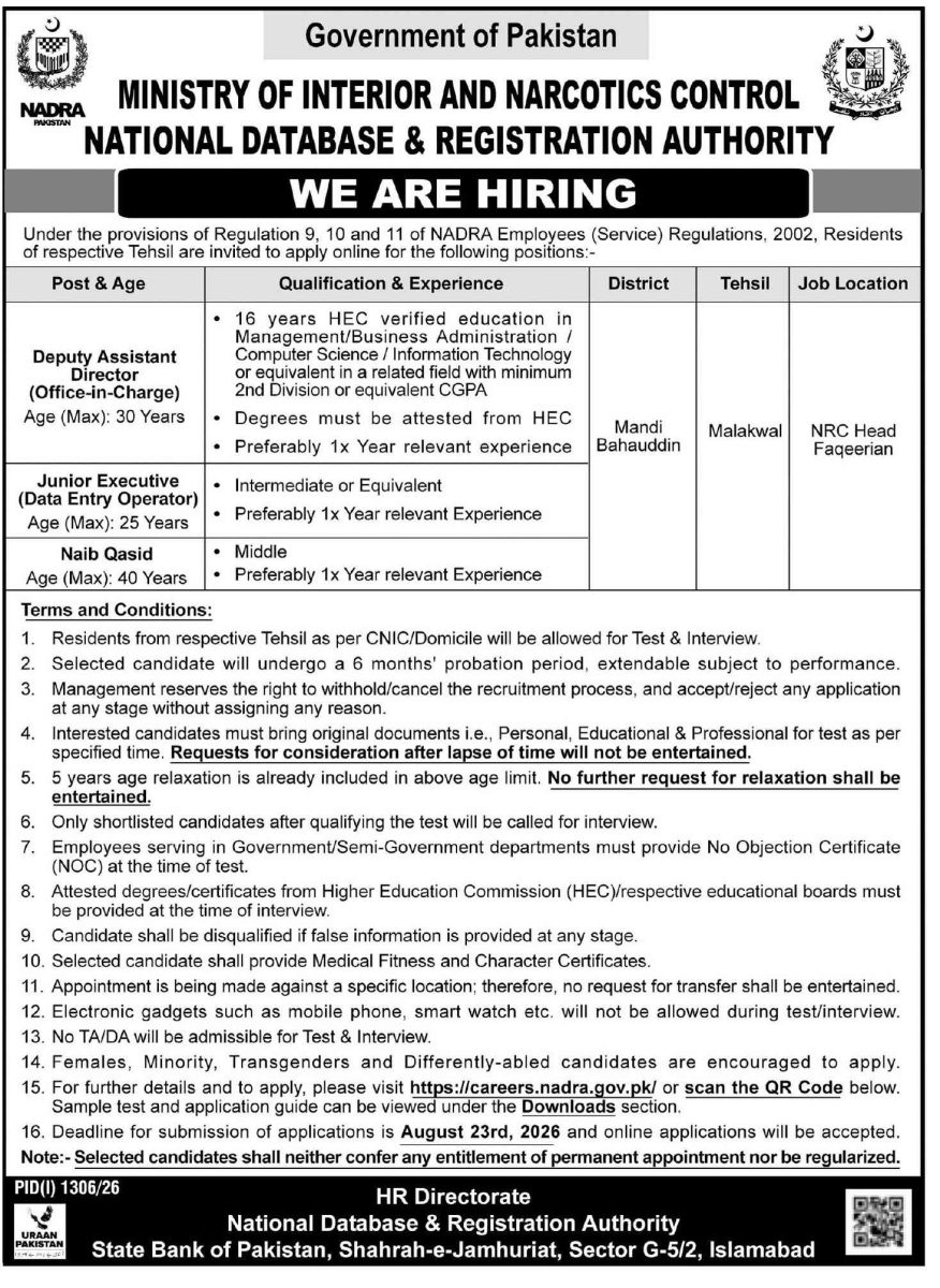 NADRA Jobs 09 August 2026 12