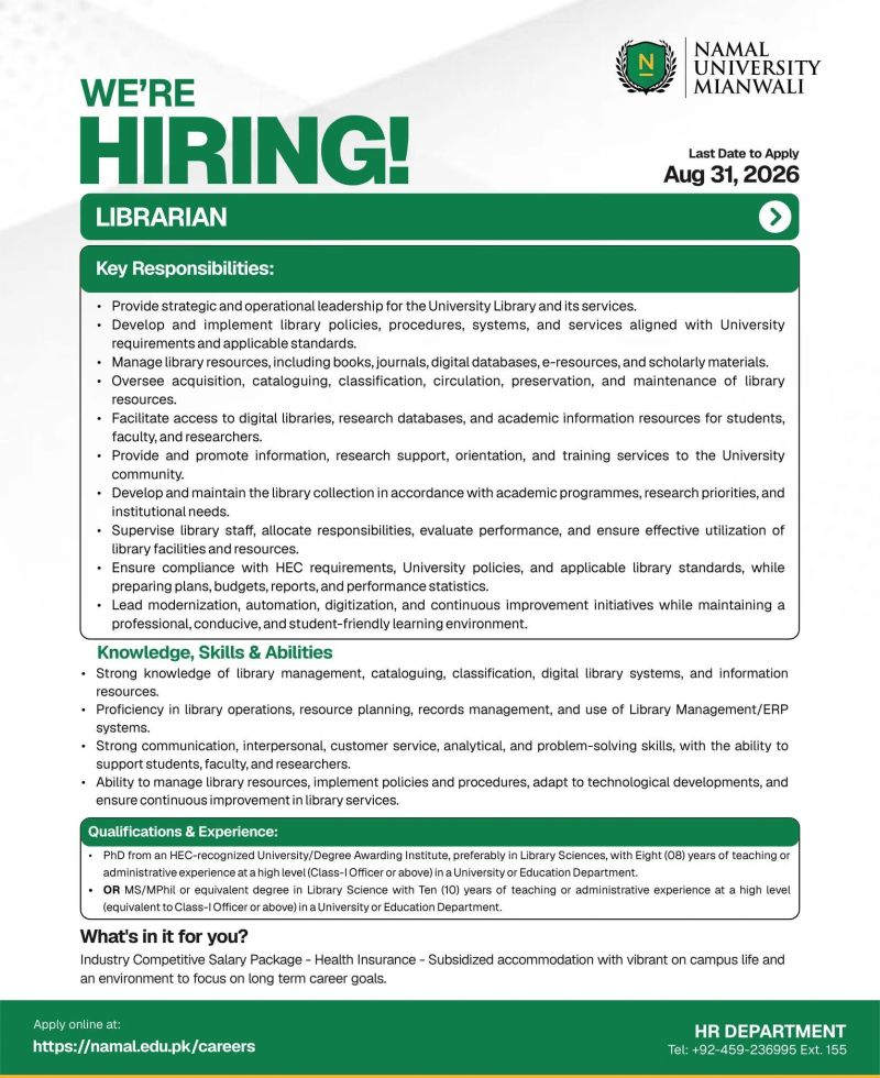 NAMAL University Jobs Librarian 1