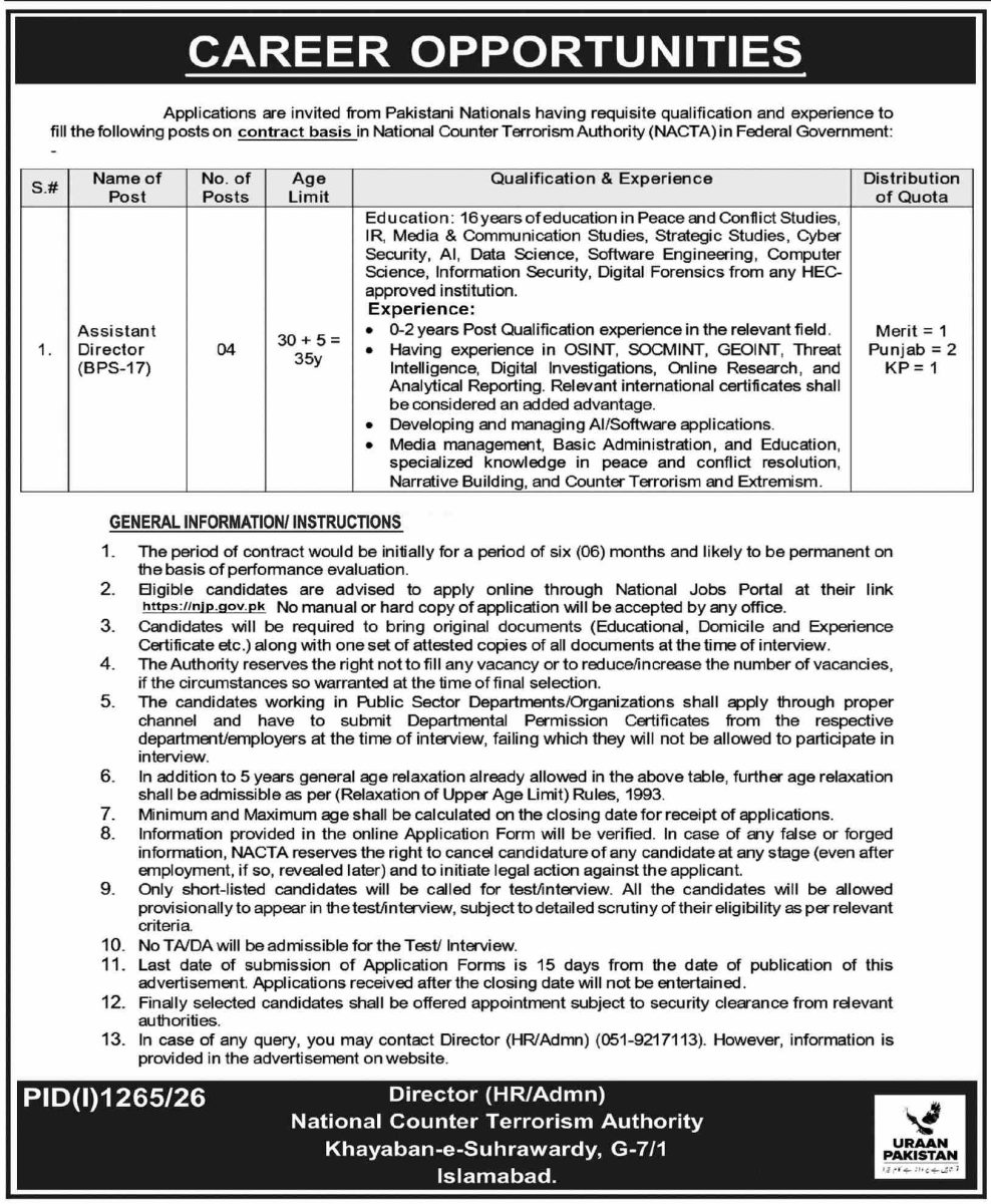 National Counter Terrorism Authority NACTA Islamabad Jobs 09 August 2026 43