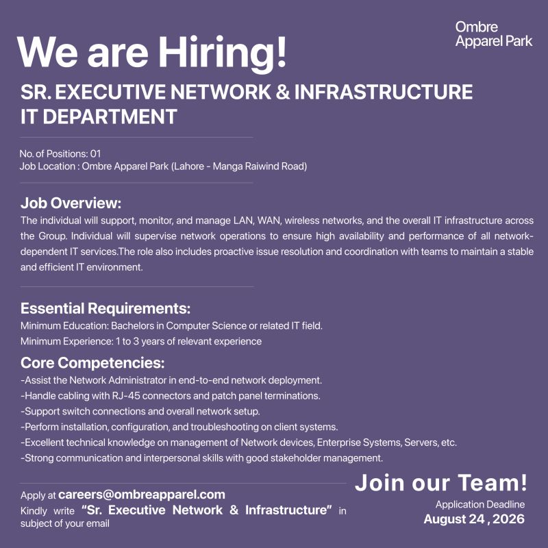 Ombre Apparel Park Jobs Sr Executive Network & Infrastructure 1