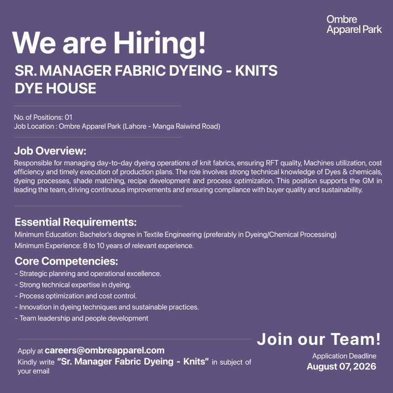 Ombre Apparel Park Jobs Sr Manager Fabric Dyeing Knits 1