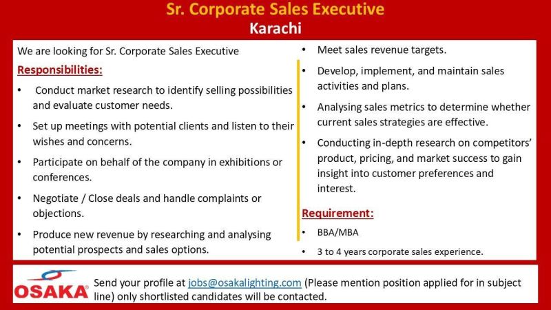 Osaka Lighting Jobs Sr Corporate Sales Executive 1