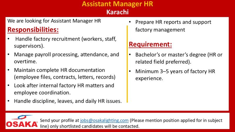 Osaka Lighting Jobs Assistant Manager HR 1