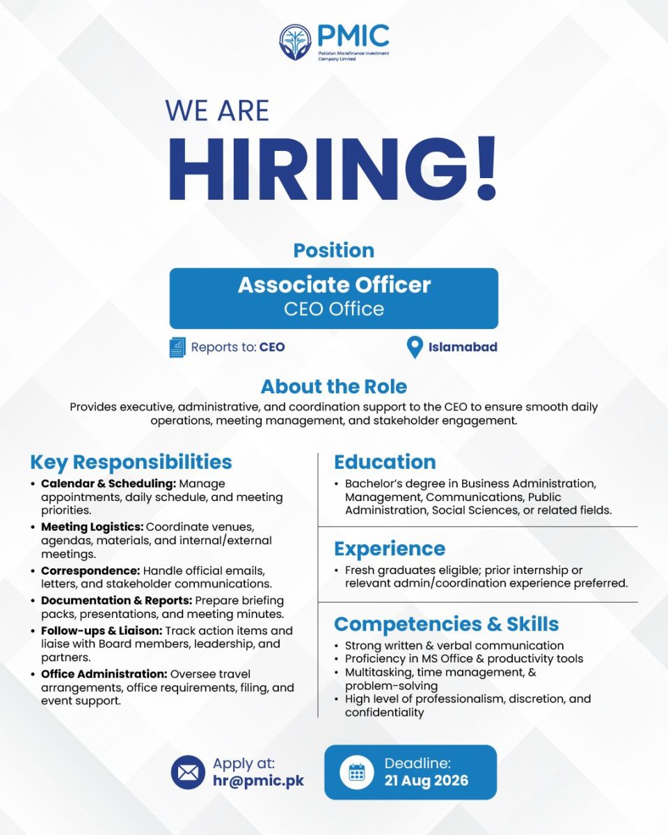 Pakistan Microfinance Investment Company PMIC Jobs Associate Officer 1