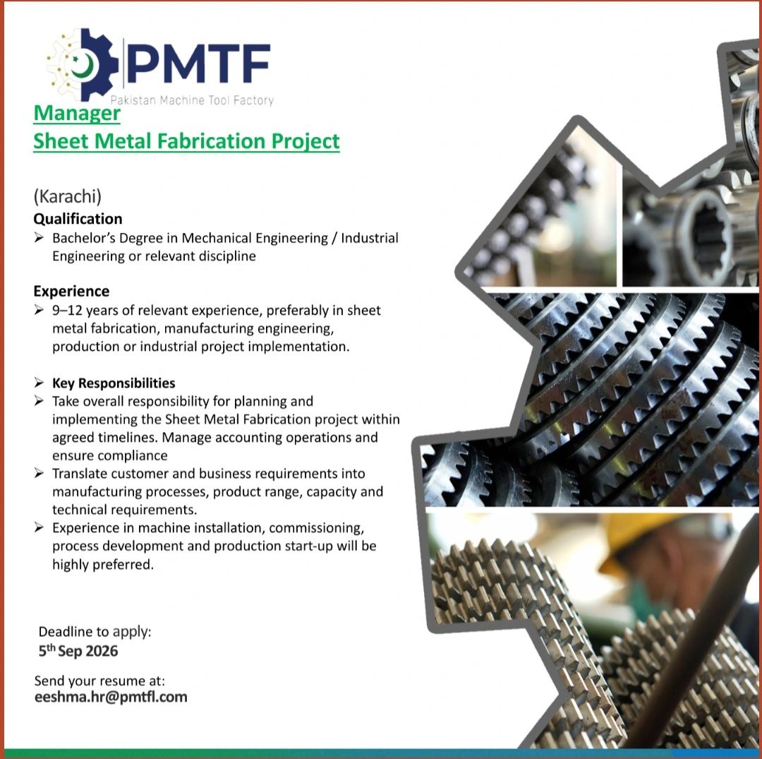 Pakistan Machine Tool Factory (PMTF) Jobs Manager Sheet Metal Fabrication Project 1