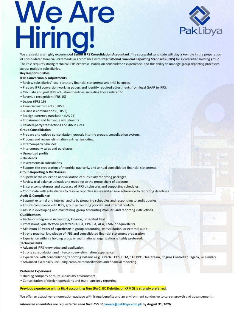 Pak Libya Holding Company Pvt Ltd Jobs Senior IFRS Consolidation Accountant 1