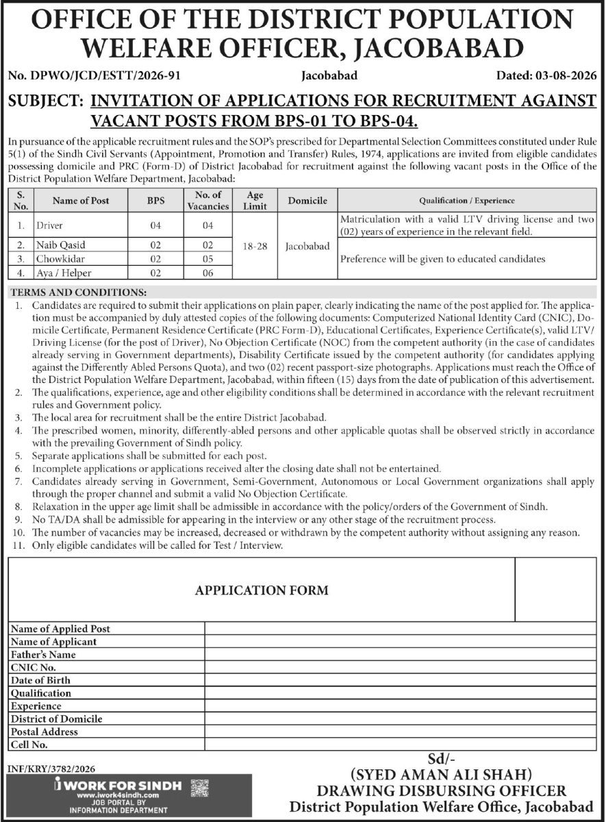 Population Welfare Department Jacobabad Jobs 29 August 2026 Express 1