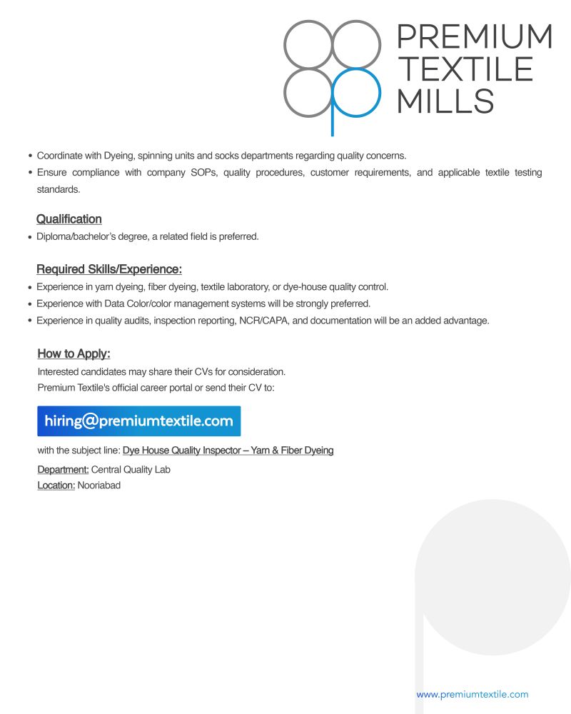 Premium Textile Mills Ltd Jobs Dye House Quality Inspector Yarn & Fiber Dyeing 2