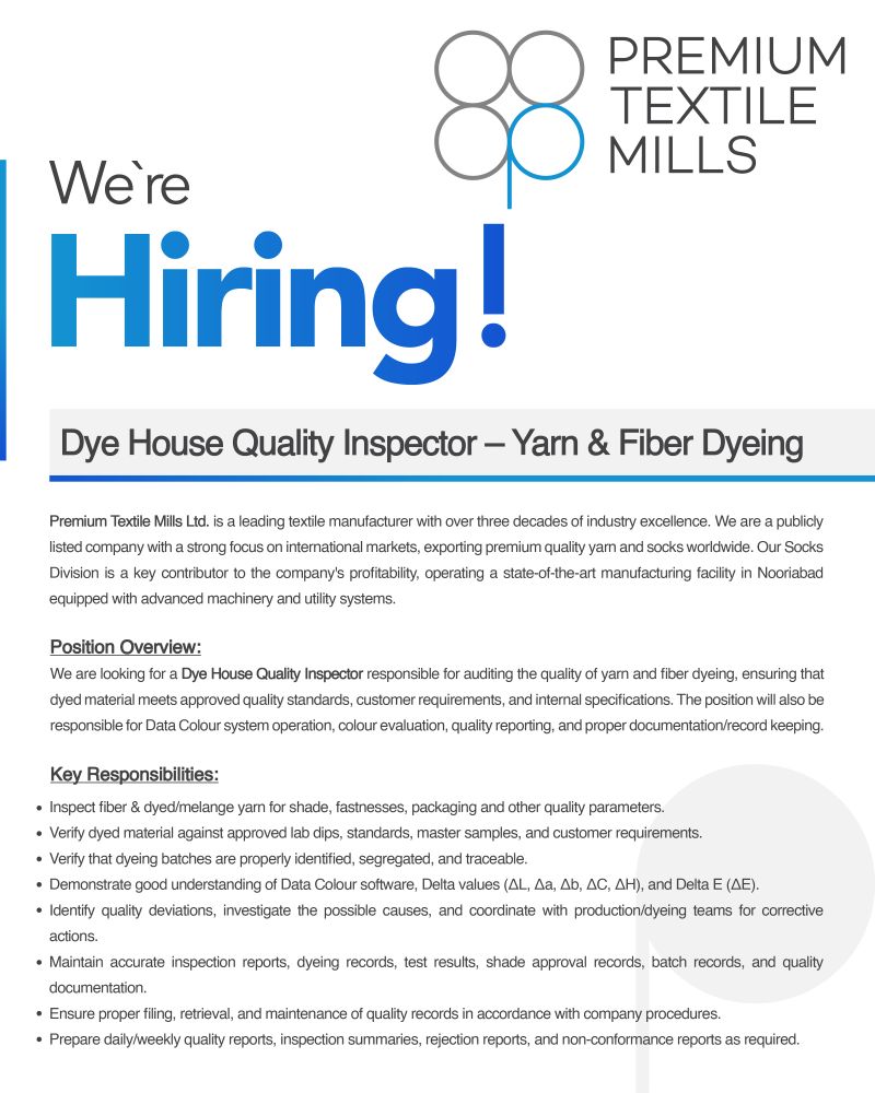Premium Textile Mills Ltd Jobs Dye House Quality Inspector Yarn & Fiber Dyeing 1