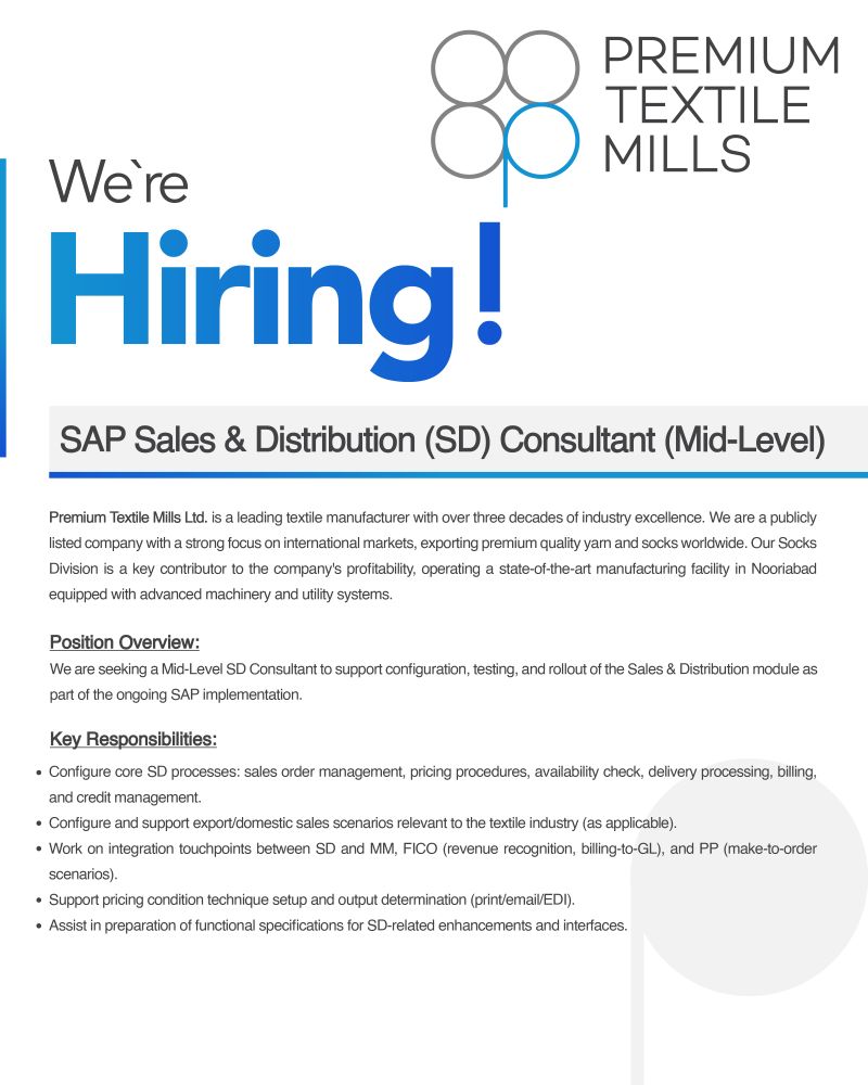 Premium Textile Mills Ltd Jobs SAP Sales & Distribution (SD) Consultant (Mid Level) 1
