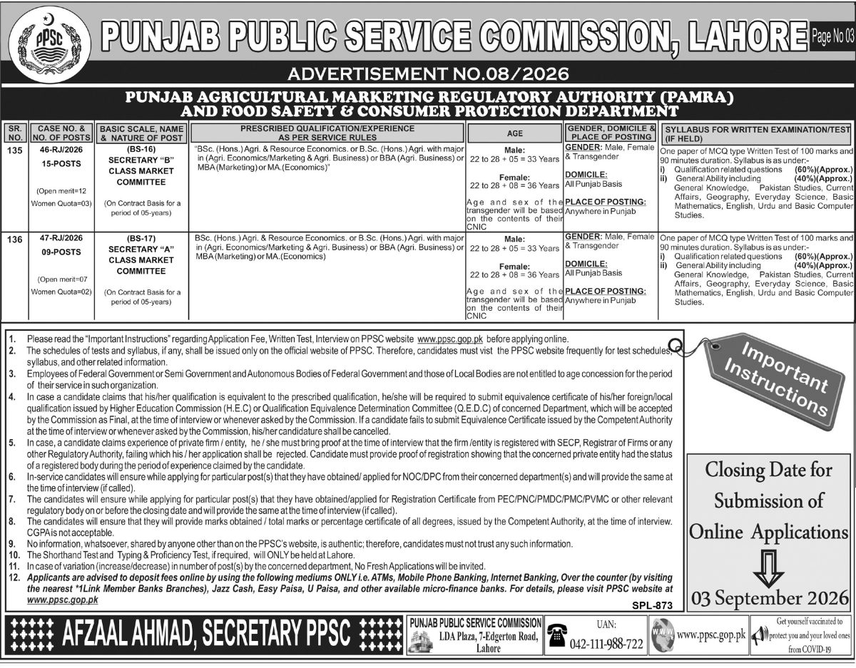 Punjab Agricultural Marketing Regulatory Authority Jobs 18 August 2026 Express Tribune 1