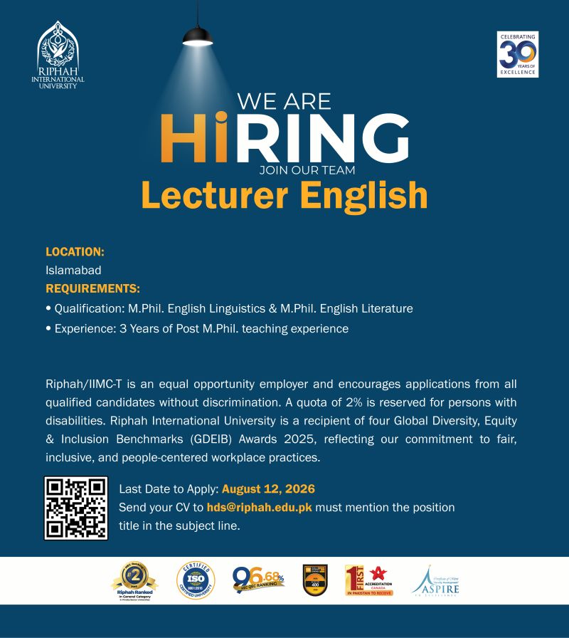 Riphah International University Jobs Lecturer English 1