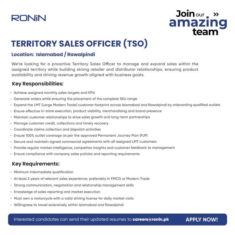 Ronin Pakistan Jobs Territory Sales Officer (TSO) 1